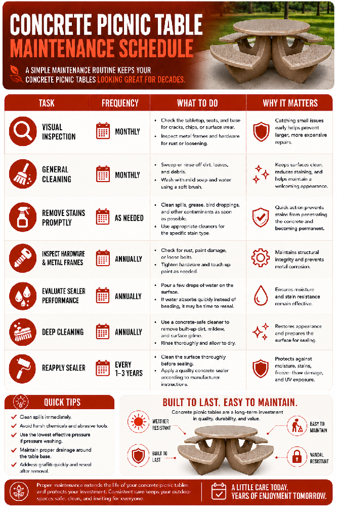 Concrete picnic table maintenance schedule infographic